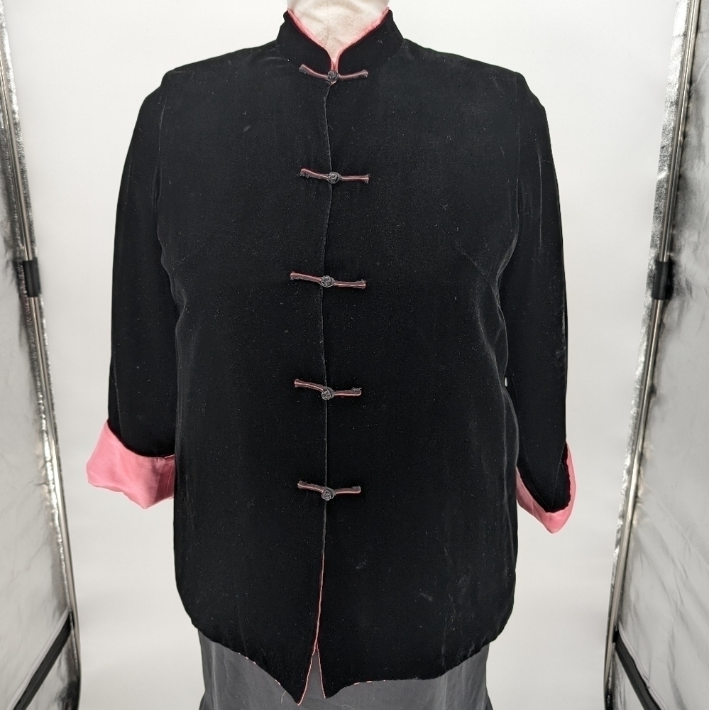 Vintage Asian Inspired, Black Velvet Jacket, Barbie Pink Satin Lining NWOT